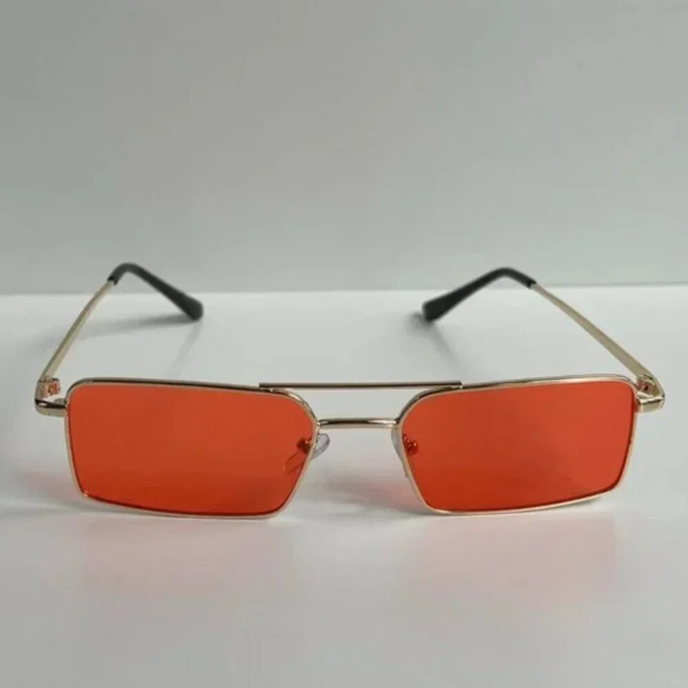 vintage y2k 90s 2000s unique slim gold trim red lens sunglasses